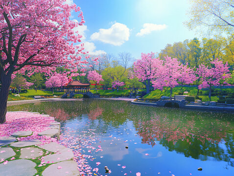 櫻花水塘風景
