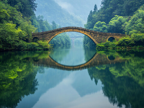 山水古橋倒影