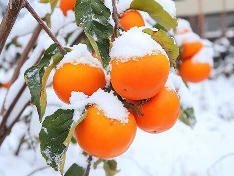 蓋著雪被的紅柿