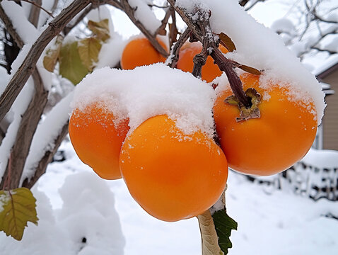 蓋著雪被的紅柿