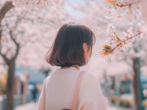 櫻花少女背影