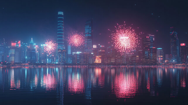 煙花夜景倒影