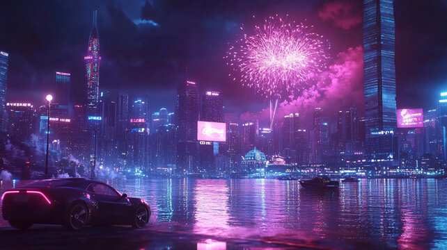 城市夜景煙花倒影