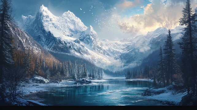 雪山森林河流圖