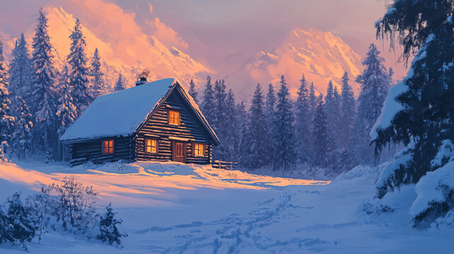 山巒小屋雪景