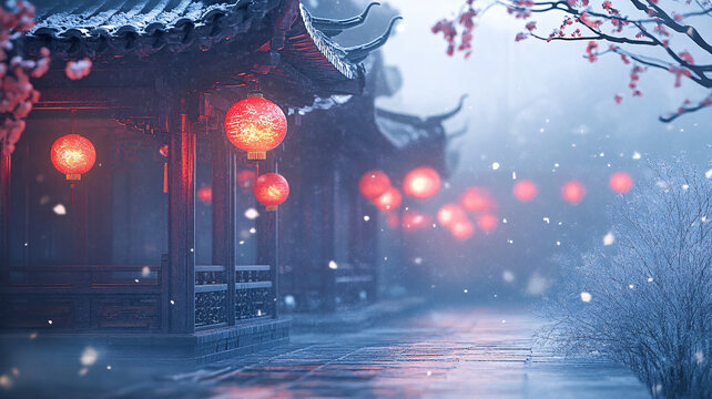 飄雪的紅燈籠