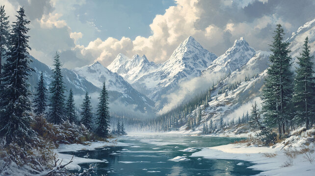 雪山森林河流圖
