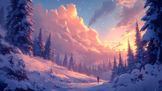 冬天森林夕陽雪景