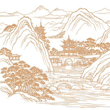 山水畫卷線稿素描底紋古建筑包裝設(shè)計矢量圖