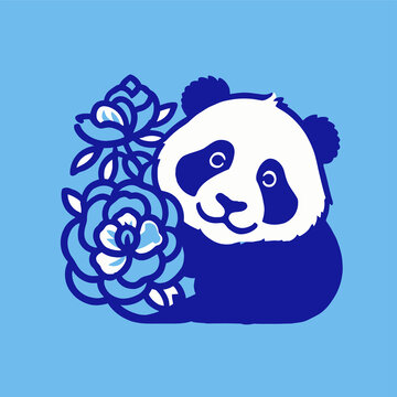 熊貓與花藍(lán)色插畫矢量圖eps格式