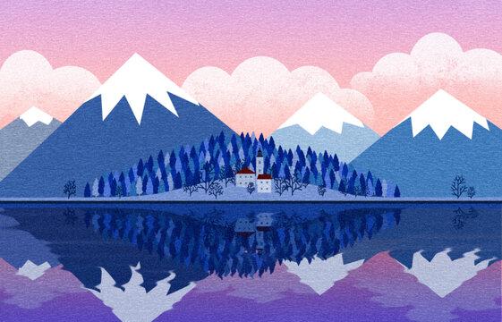 手繪扁平風(fēng)景雪山森林插畫