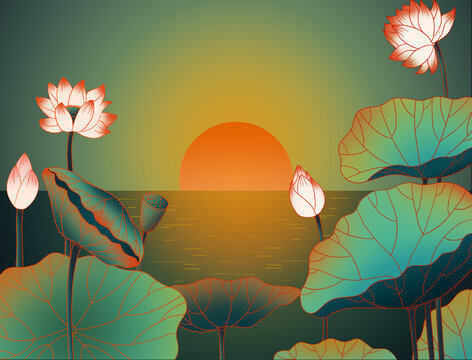 手繪荷塘夕陽(yáng)節(jié)氣插畫海報(bào)