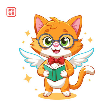 矢量插圖動物可愛讀書天使小貓