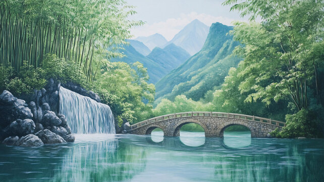 古橋竹林山水