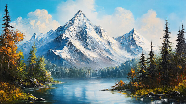 雪山河流油畫