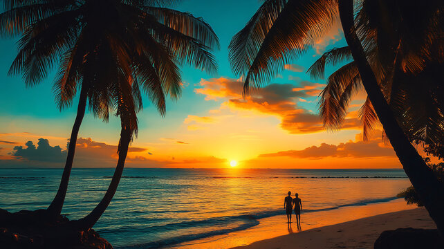 海邊夕陽椰樹