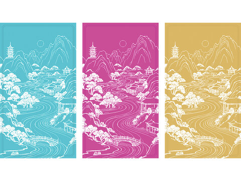 山水畫卷插圖底紋古建筑紋理包裝設(shè)計矢量圖