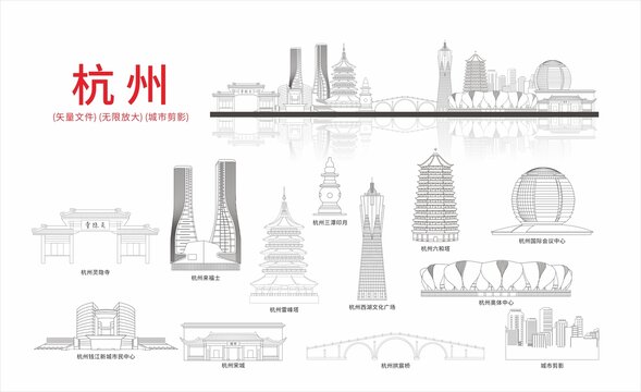杭州城市剪影線稿