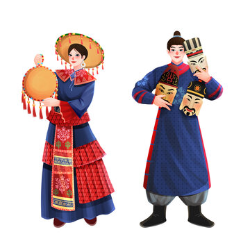 五十六個民族之毛南族少年少女插畫元素