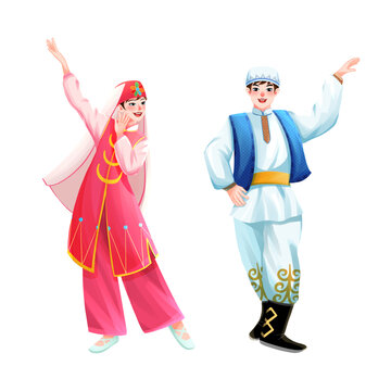 五十六個民族之撒拉族少年少女插畫元素