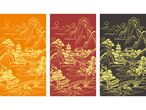 山水畫卷插圖底紋古建筑紋理包裝設(shè)計(jì)矢量圖