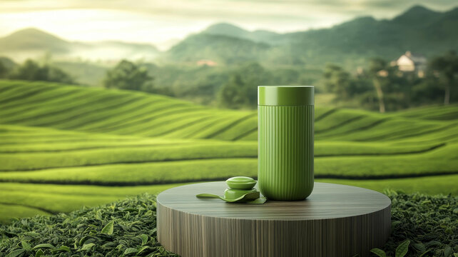 茶杯展示在茶園背景上的圖片