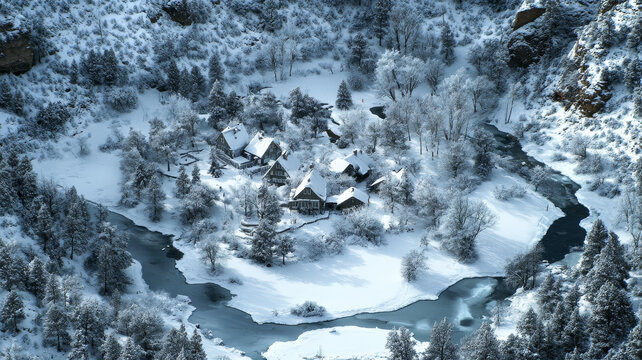 山谷中的冬季小屋村莊