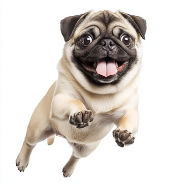 一只快樂的小巴哥犬在空中跳躍