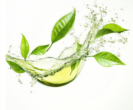 綠茶葉在水中飛濺
