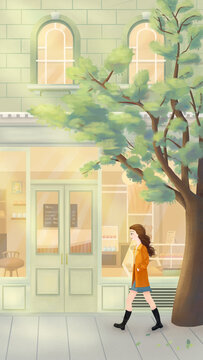 手繪插畫春天一個女生走在溫馨的甜品店前