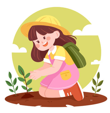 卡通兒童森林種樹苗植樹節(jié)春季戶外踏青插畫