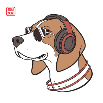 矢量插圖動物戴耳機(jī)萌寵小狗頭像