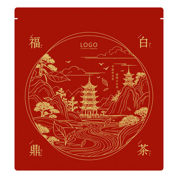 白茶餅密封袋設(shè)計模板山水畫底紋包裝素材