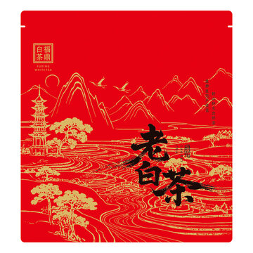 老白茶茶餅袋子包裝設(shè)計模板山水畫卷矢量
