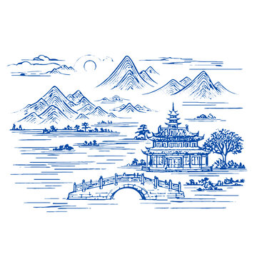 山水畫卷線稿手繪底紋古建筑包裝設(shè)計矢量圖