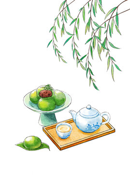 柳條下的青團和清明茶清明節(jié)插畫元素