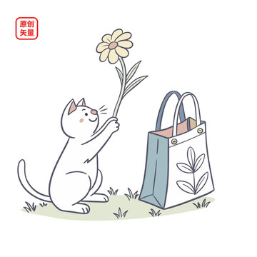 矢量插圖動(dòng)物可愛小貓和小花