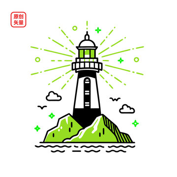 矢量插圖海邊簡(jiǎn)約燈塔指引方向