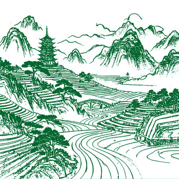 山水畫卷線稿手繪底紋古建筑包裝背景矢量圖