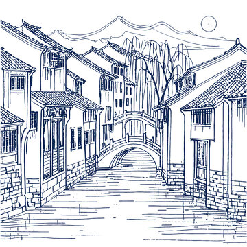 江南水鄉(xiāng)古民居建筑手繪底紋素描線稿矢量圖