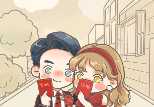 復古情侶婚紗照插畫