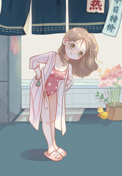 溫泉泳池場景插畫