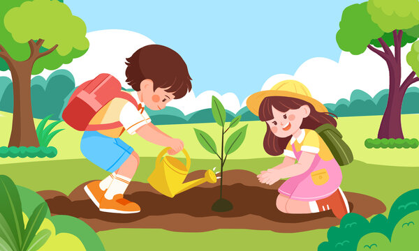 卡通兒童森林挖坑植樹節(jié)春季戶外踏青插畫