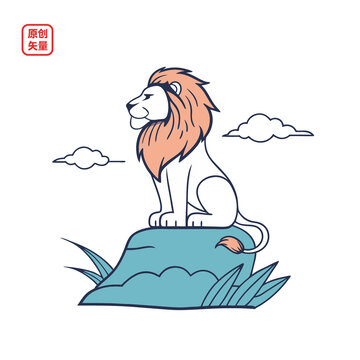 矢量插圖動(dòng)物簡(jiǎn)約蹲坐石頭上的獅子