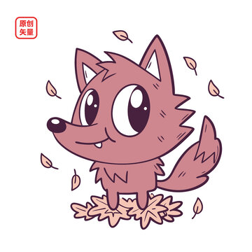 矢量插圖動物落葉卡通小狼
