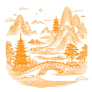 山水畫卷手繪線稿底紋古建筑包裝設計矢量圖