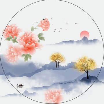 裝飾山水牡丹