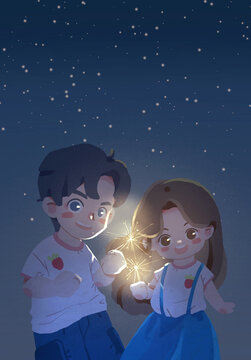 插畫夜晚情人節(jié)情侶放煙花