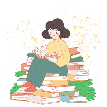 坐在書堆上看書的女孩