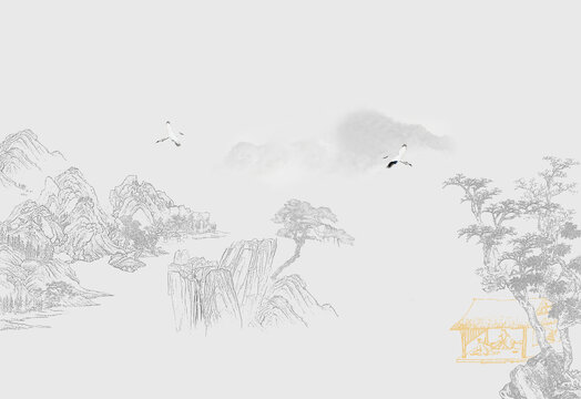 手繪國(guó)畫線描描金山水壁畫